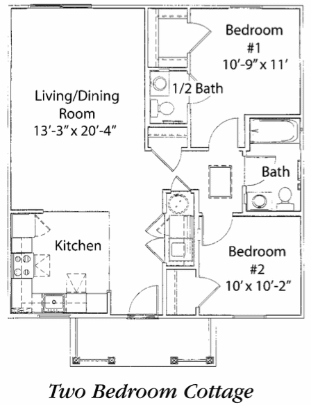 Floor plan for 2 beds, 1.5 baths, 925 sqft